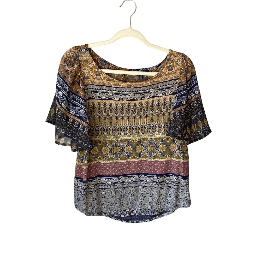 Lucky Brand Womens Mixed Print Boho Flutter Sleeve Keyhole Back Top Navy Large